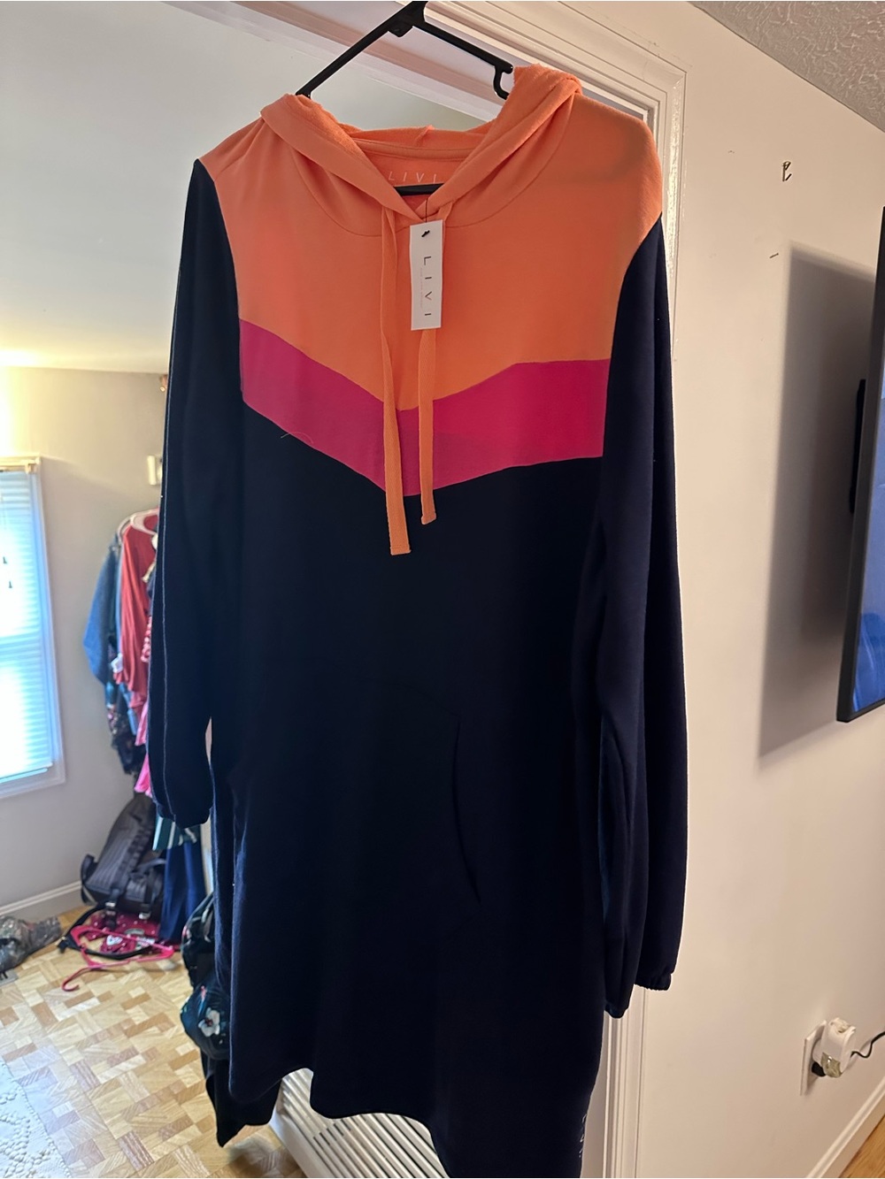 Lane Bryant Navy Hooded Long Sleeve Dress with Orange and Pink Chevron